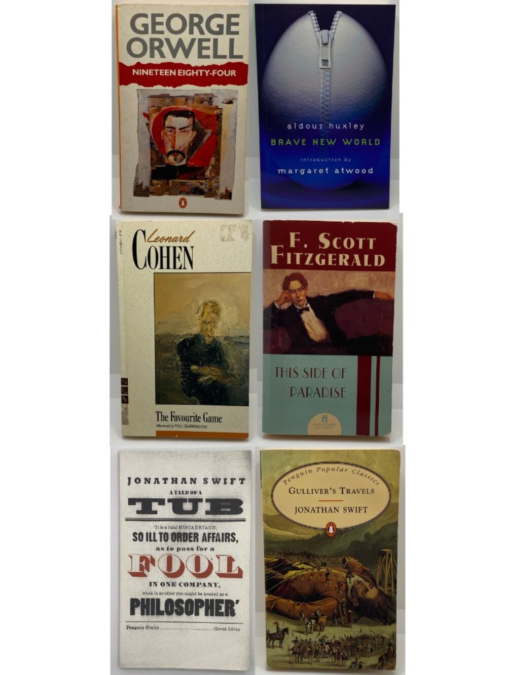 Lot of 6 Classic Fiction Books Orwell Huxley Swift Fitzgerald Cohen Philosophy